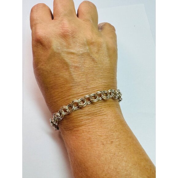 Estate Sterling Silver 925 Double Link Charm Bracelet 7" Round Circle Chain - Picture 3 of 8